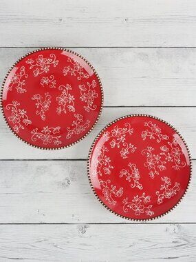 Temp-tations Floral Lace Festive Red Salad Plates Set of 2 Excellent Condition
